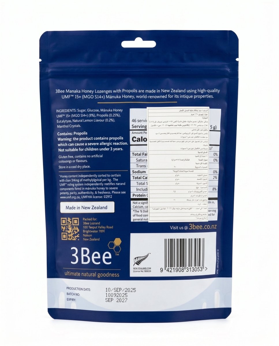 3BEE MHoney UMF15+ Lozenges – Menthol With Propolis , 250g – Manuka Honey UMF15+, Cooling Relief, Immunity Support