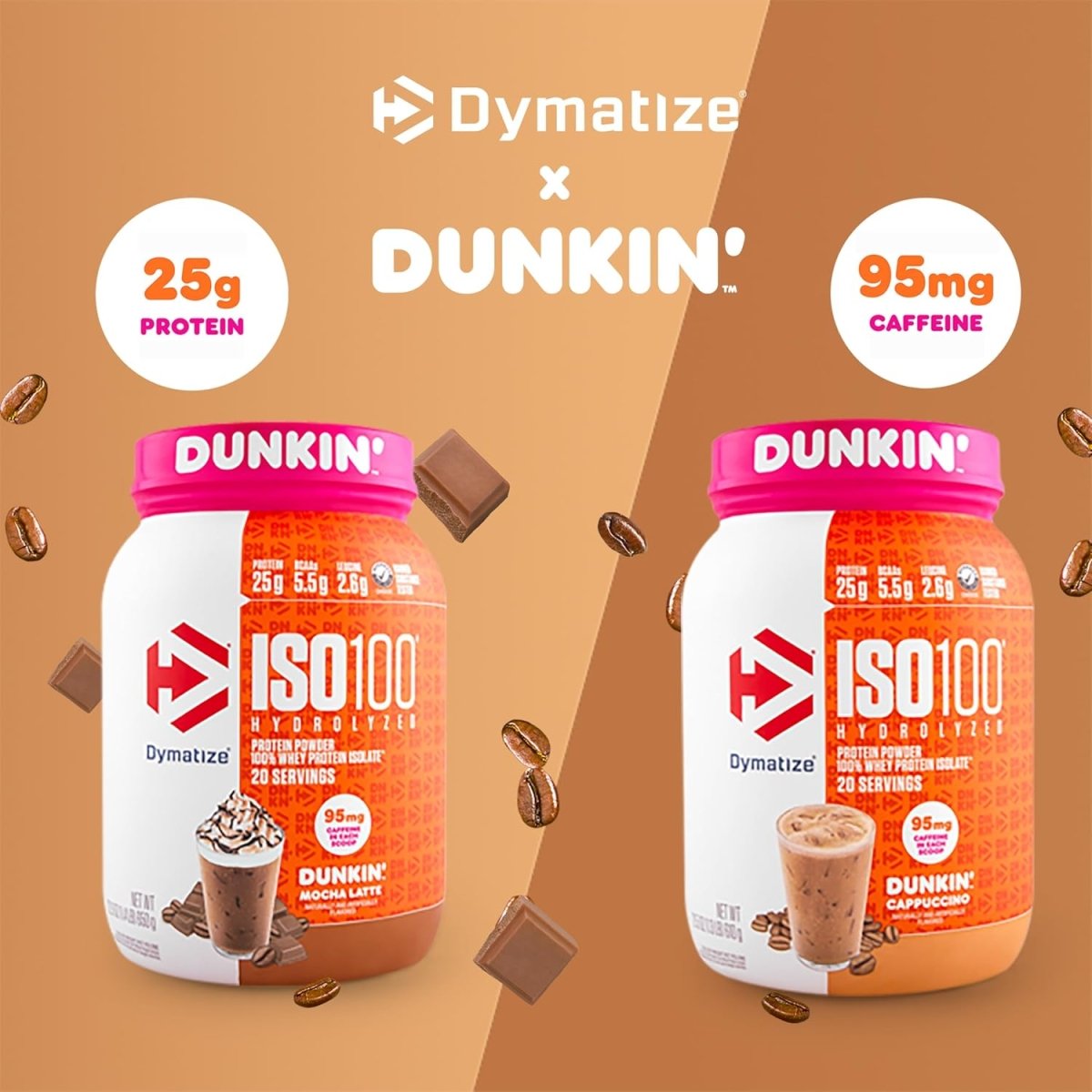 Dymatize ISO100 Hydrolyzed Whey Protein Powder, 100% Whey Isolate, Dunkin Cappuccino Flavor, 25g Protein, 5.5g BCAAs, Gluten - Free, 20 Servings, 1.34 lbs - END Nutrition