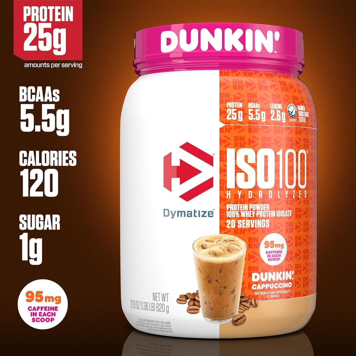 Dymatize ISO100 Hydrolyzed Whey Protein Powder, 100% Whey Isolate, Dunkin Cappuccino Flavor, 25g Protein, 5.5g BCAAs, Gluten - Free, 20 Servings, 1.34 lbs - END Nutrition
