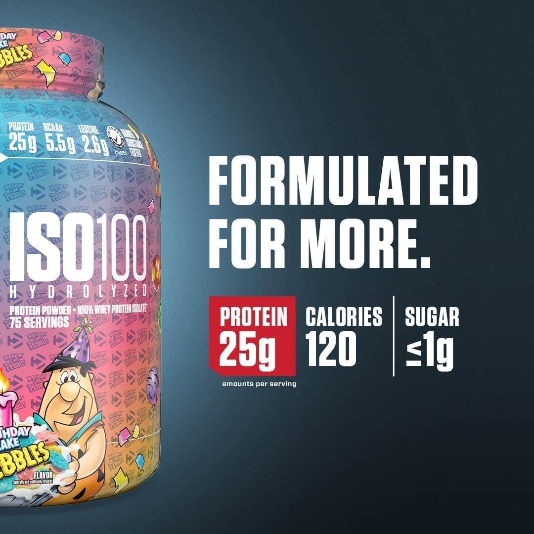 Dymatize ISO100 Hydrolyzed Whey Protein Powder, 100% Whey Isolate, Birthday Cake Pebbles Flavor, 25g Protein, 5.5g BCAAs, Gluten - Free, 20 Servings, 1.34 lbs - END Nutrition