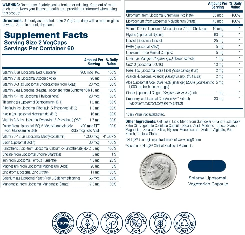 Solaray Liposomal Multivitamin for Women 50+ – Enhanced Absorption with Iron, Vitamin D, C, B12 & Biotin – Immune & Bone Support – 60 Vegan Capsules - END Nutrition