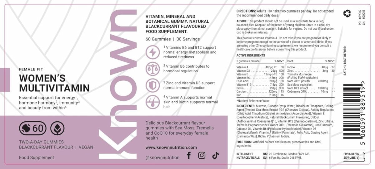 Known Women’s Multivitamin Gummies – Berry Flavour, Vegan Supplement with A, C, D3, E, B6, B12, Biotin, Iron, Zinc & Sea Moss – Energy, Skin, Hair & Immune Support – 1 Month Supply - END Nutrition