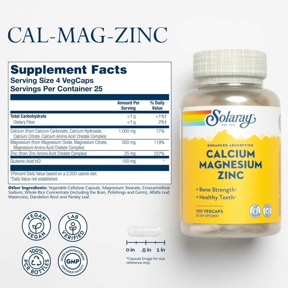 Solaray Calcium Magnesium Zinc – Bone Strength, Muscle Function, Heart & Immune Support – 100 Vegan Capsules - END Nutrition