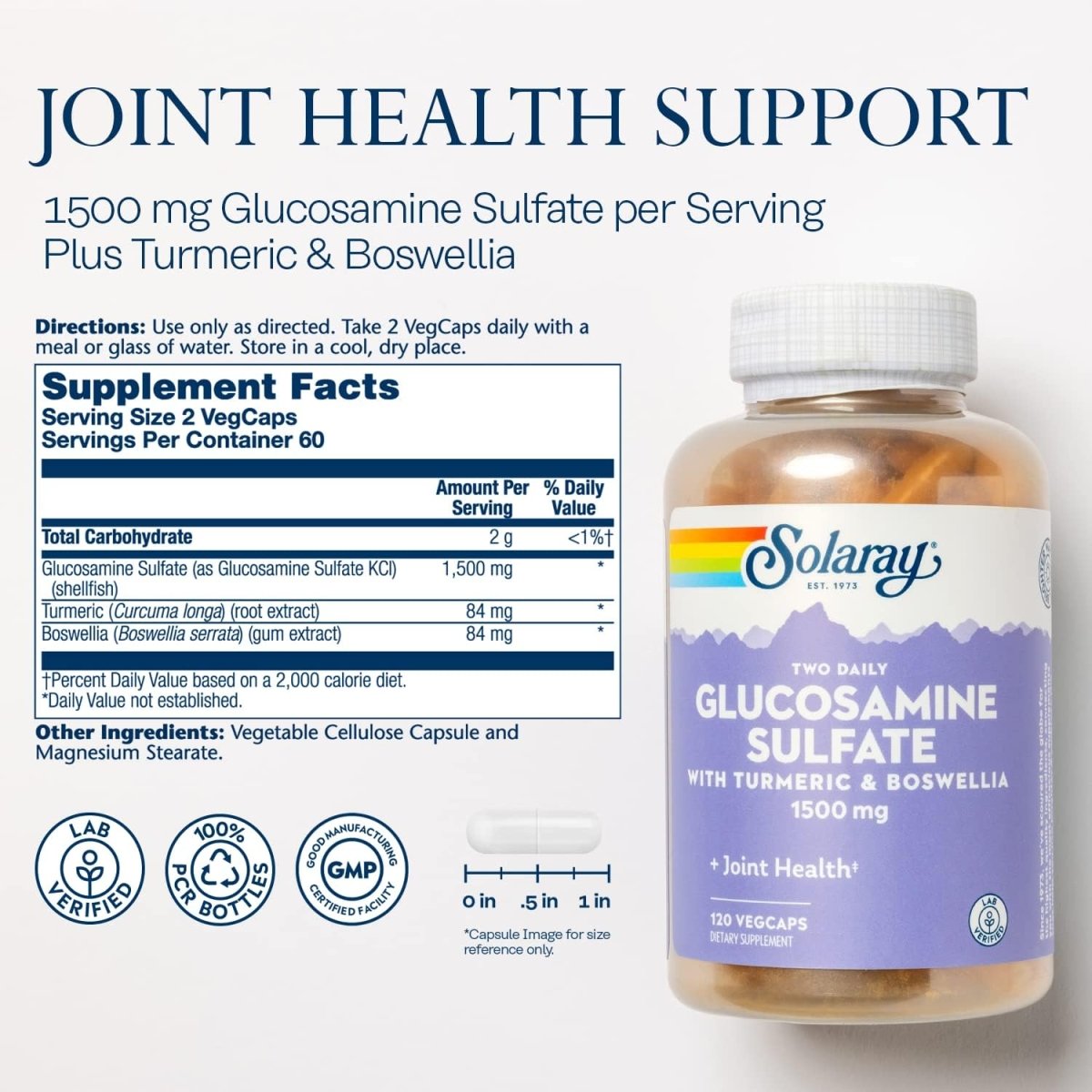 Solaray Glucosamine Sulfate 1500 mg with Turmeric & Boswellia – Joint Comfort, Connective Tissue & Mobility – 120 Vegan Capsules - END Nutrition