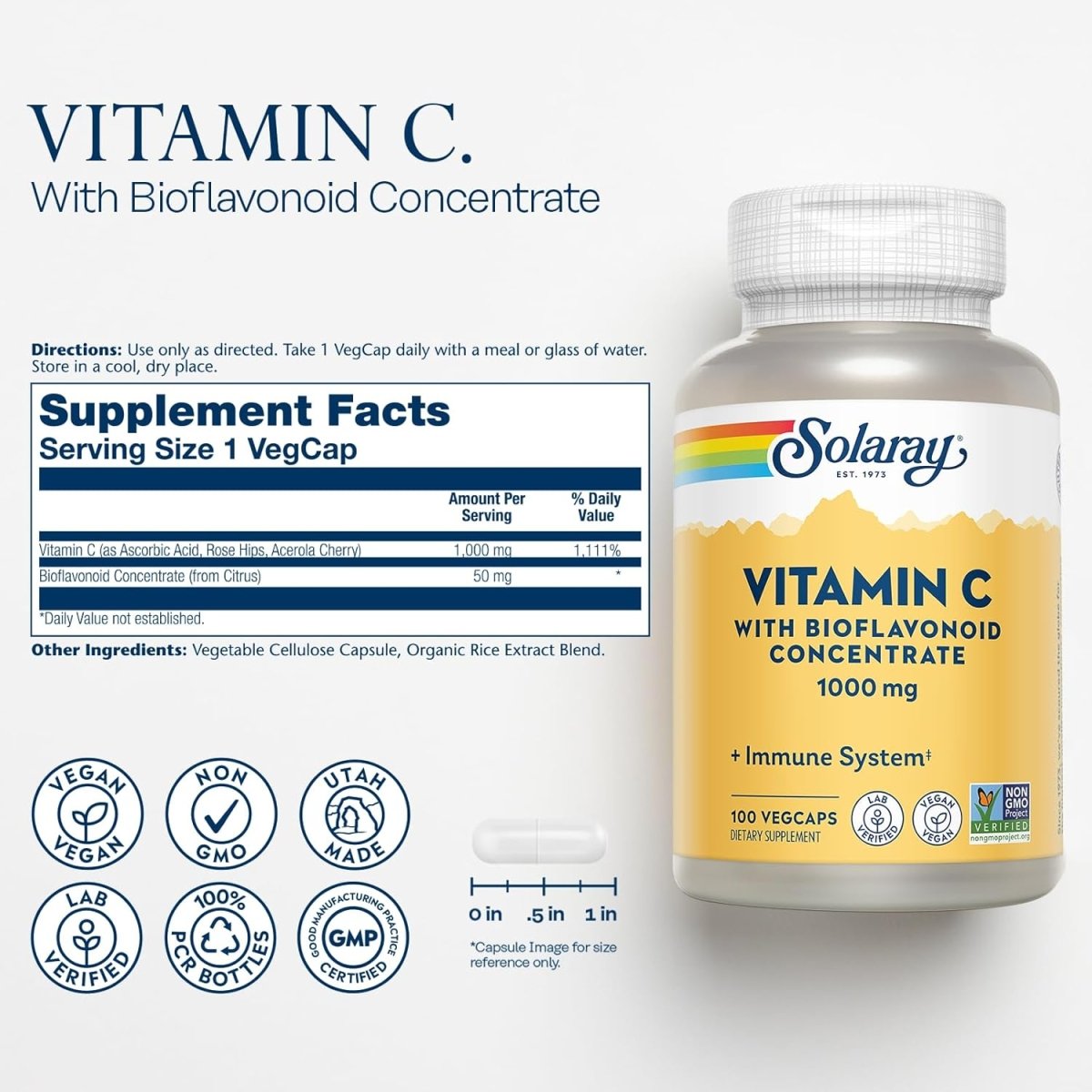 Solaray Vitamin C 1000 mg with Bioflavonoids – Immune, Skin, Hair & Nail Support – Rose Hips & Acerola – 100 Vegan Capsules - END Nutrition