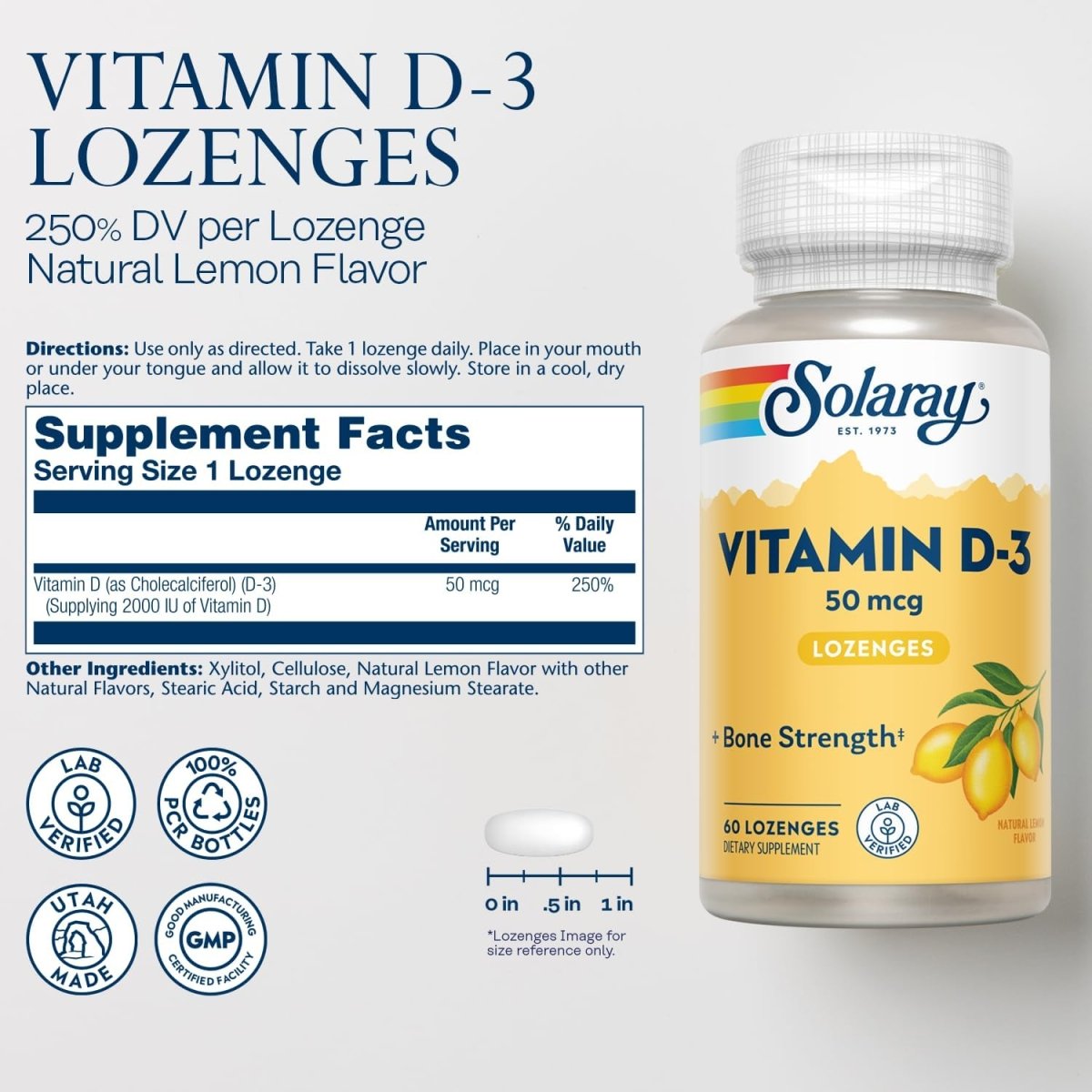 Solaray Vitamin D3 2000 IU – Bone Strength, Immunity & Wellness – Natural Lemon Flavor Lozenges – 60 Count - END Nutrition