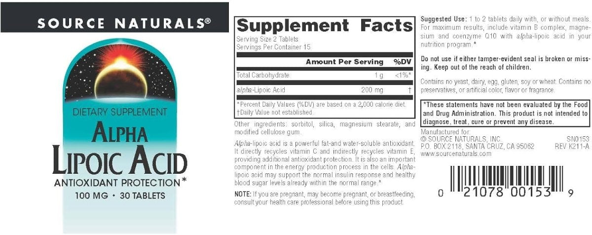 Source Naturals Alpha Lipoic Acid – 100 mg – 30 Tablets – Antioxidant & Metabolic Support - END Nutrition