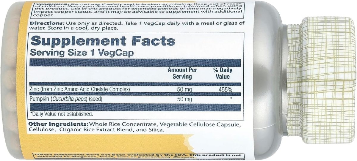 Solaray Zinc 50 mg – Immune Defense, Skin Health & Cellular Support – 100 Vegetarian Capsules - END Nutrition