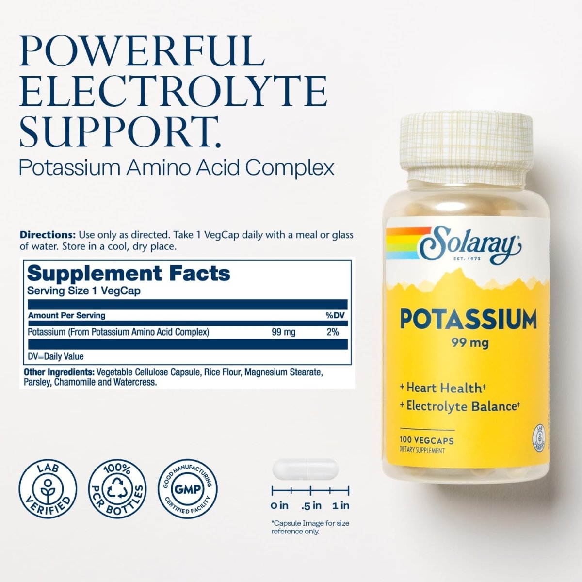 Solaray Potassium 99 mg – Electrolyte Balance, Heart Health & Muscle Support – 100 Vegetarian Capsules - END Nutrition