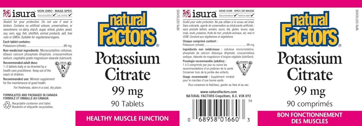 Natural Factors Potassium Citrate – 99 mg – 90 Tablets – Muscle, Nerve & Electrolyte Balance Support - END Nutrition