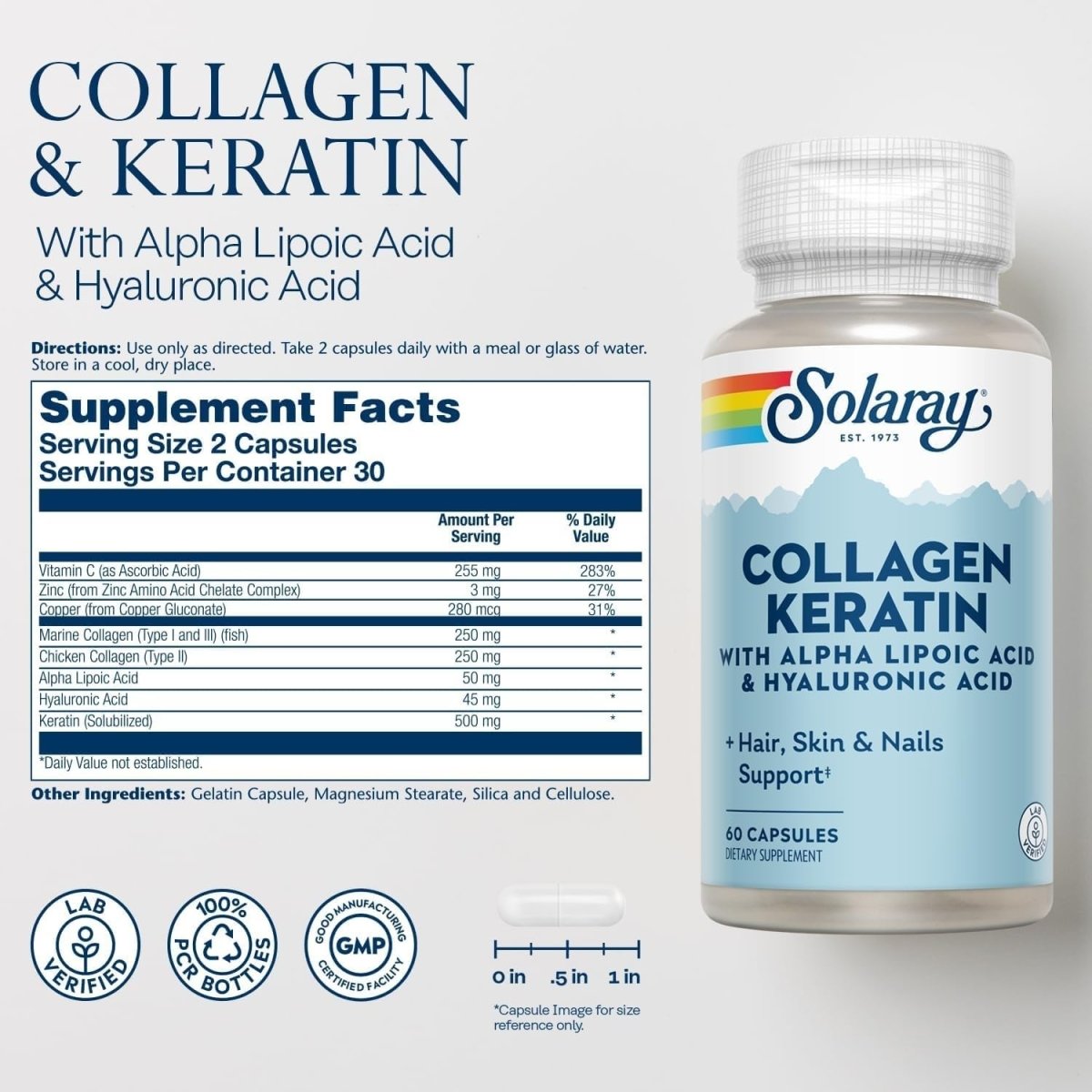 Solaray Collagen Keratin – Hair, Skin & Nails Support with Alpha Lipoic Acid & Hyaluronic Acid – 60 Vegan Capsules - END Nutrition