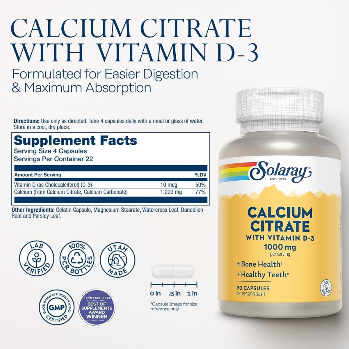 Solaray Calcium Citrate with Vitamin D3 – Bone Strength, Teeth Health & Gentle Digestion – 90 Capsules - END Nutrition