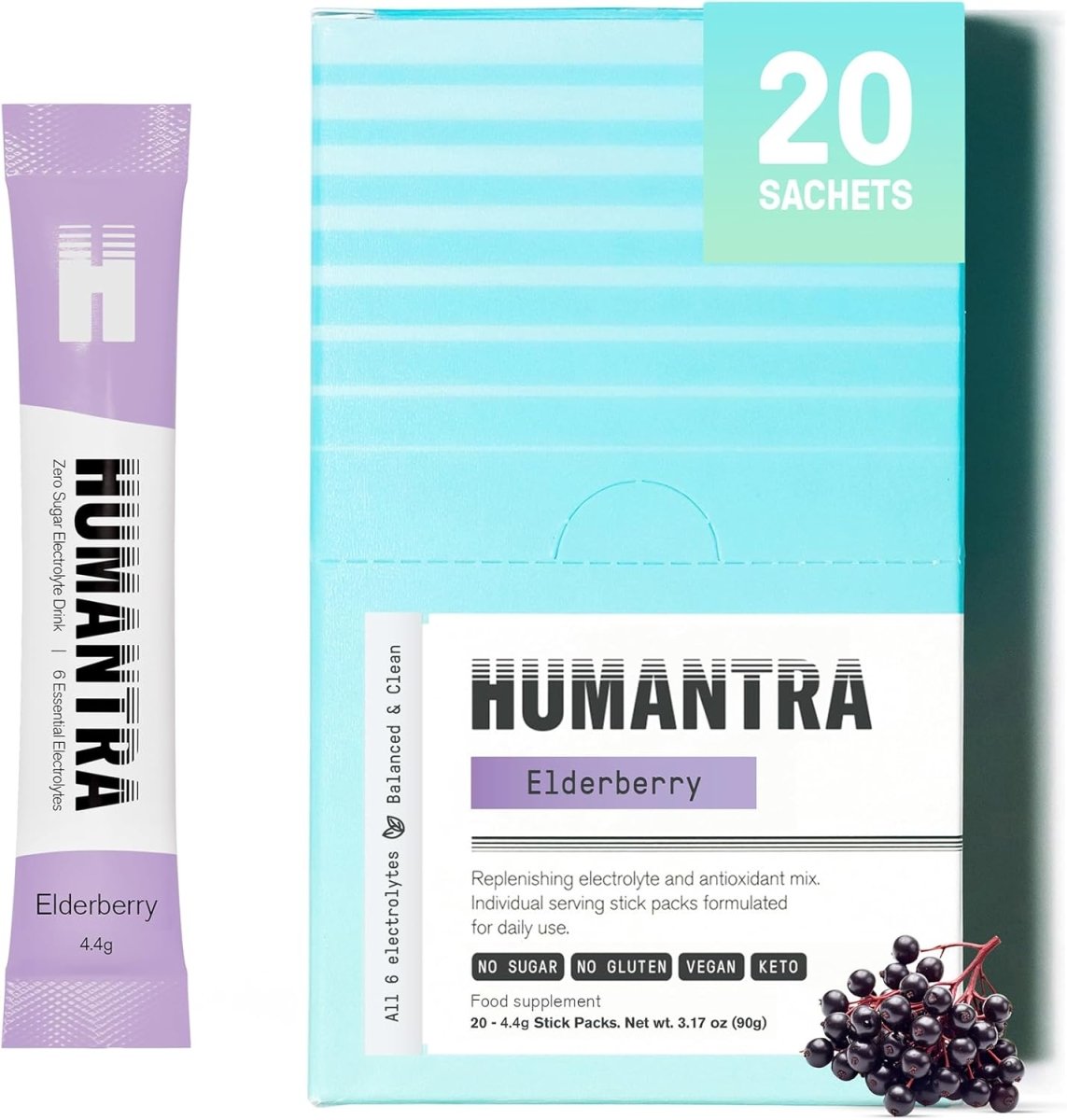 Humantra Electrolyte Powder – Elderberry (20 Sachets) | 6-Electrolyte Hydration | Plant-Based, Vegan, Sugar Free & Gluten Free - END General Trading