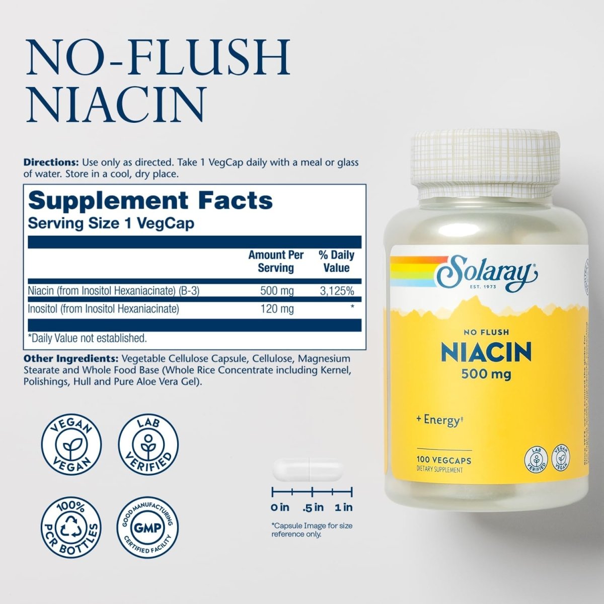 Solaray No Flush Niacin 500 mg – Flush‑Free Vitamin B3 – Energy, Circulation & Metabolism Support – 100 Vegan Capsules - END Nutrition