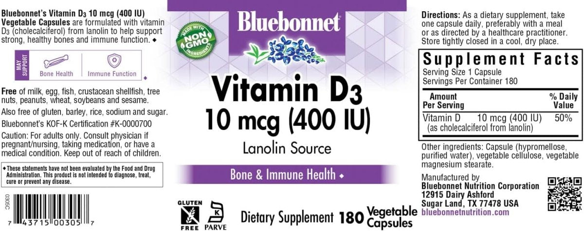 Bluebonnet Vitamin D3 – 400 IU – 90 Vegetable Capsules – Bone, Immune & Mood Support - END Nutrition