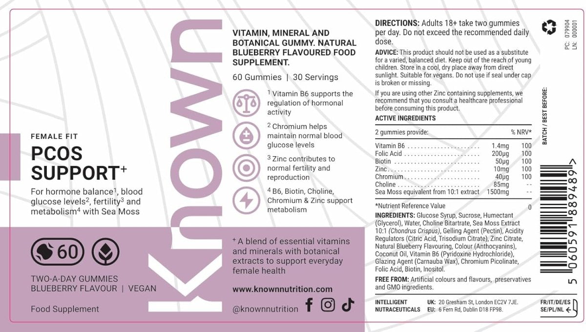 Known PCOS Support Gummies – Blueberry Flavour, Vegan Supplement with Vitamin B6, Zinc & Chromium – Hormonal Balance & Metabolic Support – 1 Month Supply, 3rd Party Tested - END Nutrition