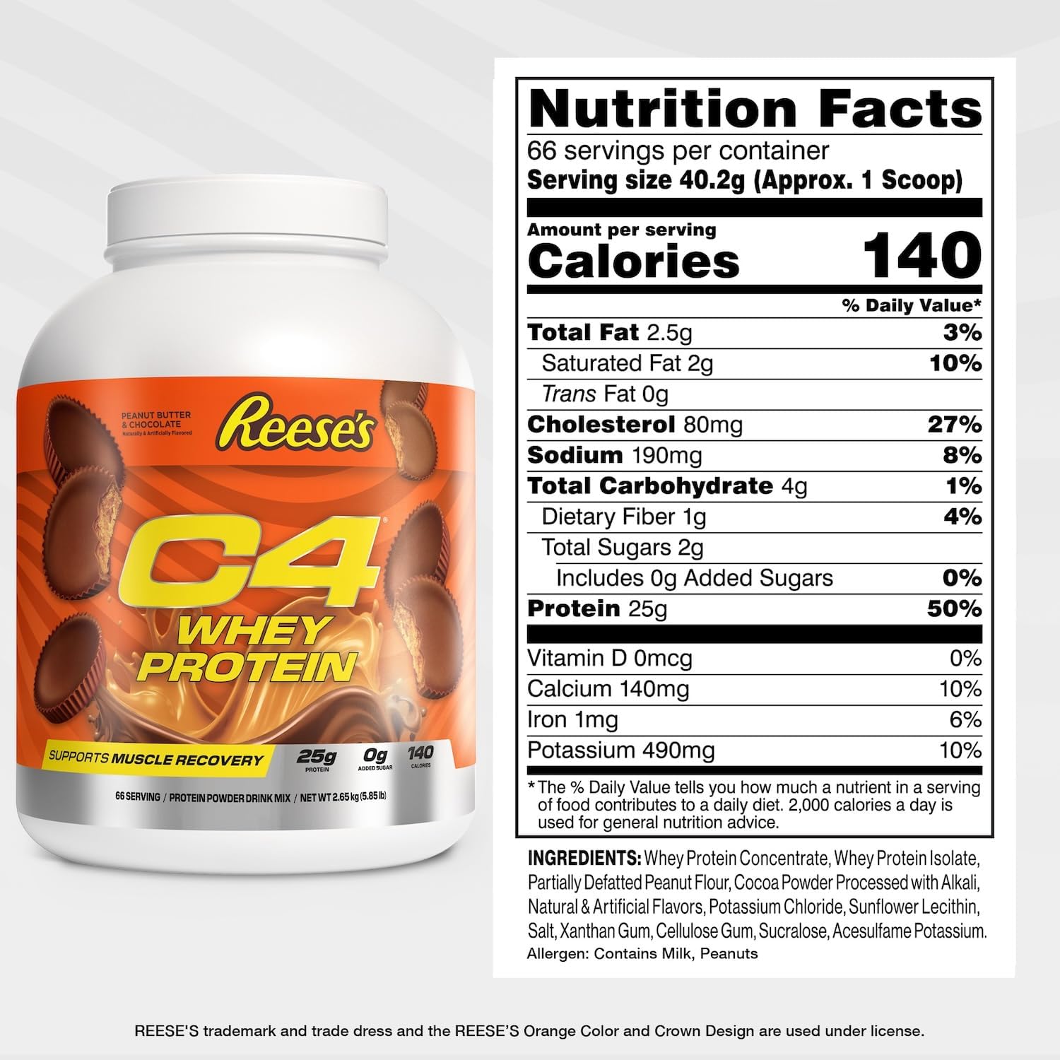 C4 Whey Protein Powder, Reese’S Peanut Butter & Chocolate - 25g Protein, 0g Added Sugar, 140 Calories Per Serving, Supports Muscle Recovery, 66 Servings, Premium Whey for Post-Workout