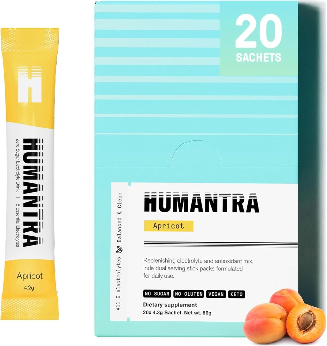 Humantra Electrolyte Powder – Apricot (20 Sachets) | 6-Electrolyte Hydration | Plant-Based, Vegan, Sugar Free & Gluten Free - END General Trading