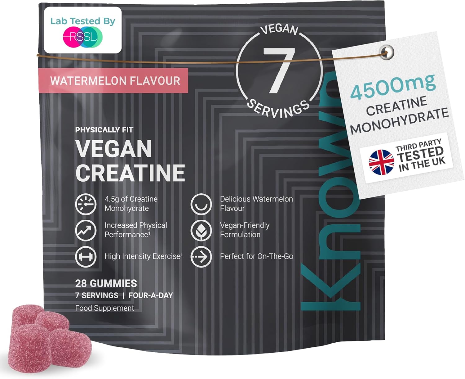 Known Vegan Creatine Gummies Watermelon Flavor| 4500mg Creatine Monohydrate|  28 Gummies 7 Days Supply