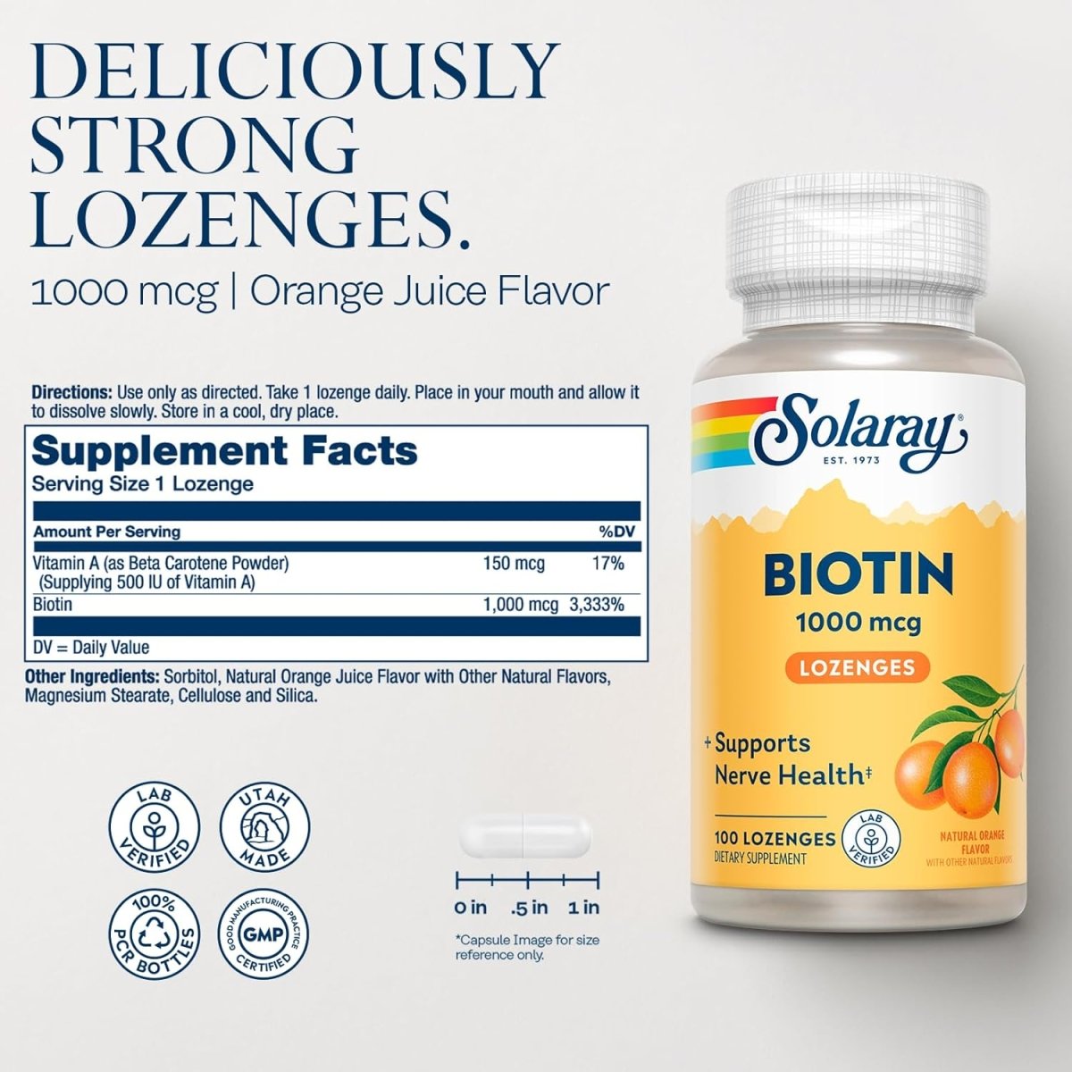 Solaray Biotin 1000 mcg Lozenges – Hair, Skin, Nails & Energy Support – With Vitamin A – Natural Orange Flavor – 100 Count - END Nutrition