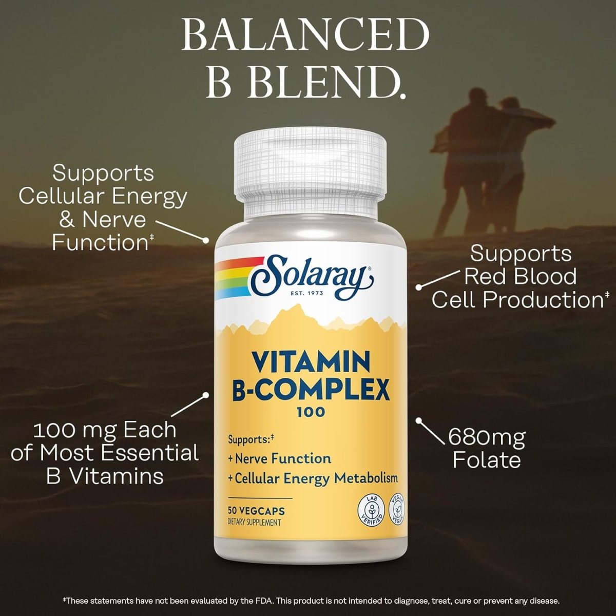 Solaray Vitamin B Complex 100 mg – Cellular Energy, Metabolism, Nerve & Heart Health – All 8 B Vitamins - Vitamin B12, B1, B2, B3, B6, Niacin, Folic Acid and Biotin – 50 Vegan Capsules - END Nutrition