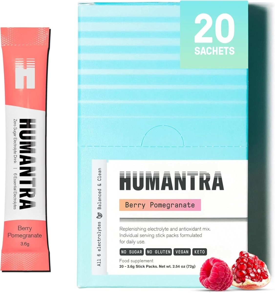 Humantra Electrolyte Powder – Berry Pomegranate (20 Sachets) | 6-Electrolyte Hydration | Plant-Based, Vegan, Sugar Free & Gluten Free - END General Trading