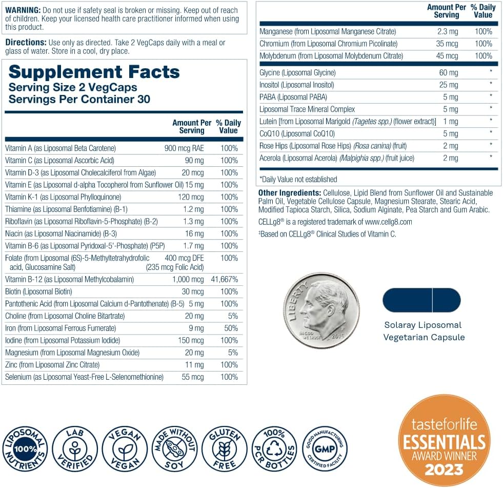 Solaray Universal Liposomal Multivitamin for Men & Women – High Potency, Enhanced Absorption with Vitamin C, D, Biotin & Methyl B‑12 – Immune, Energy & Bone Support – 60 Vegan Capsules - END Nutrition
