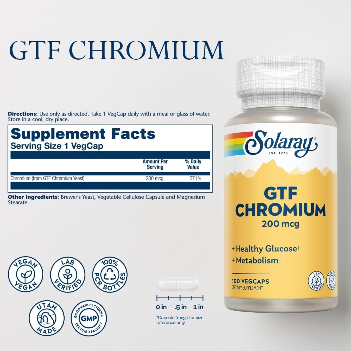 Solaray GTF Chromium 200 mcg – Balanced Metabolism, Blood Sugar Support & Energy Levels – 100 Vegan Capsules - END Nutrition
