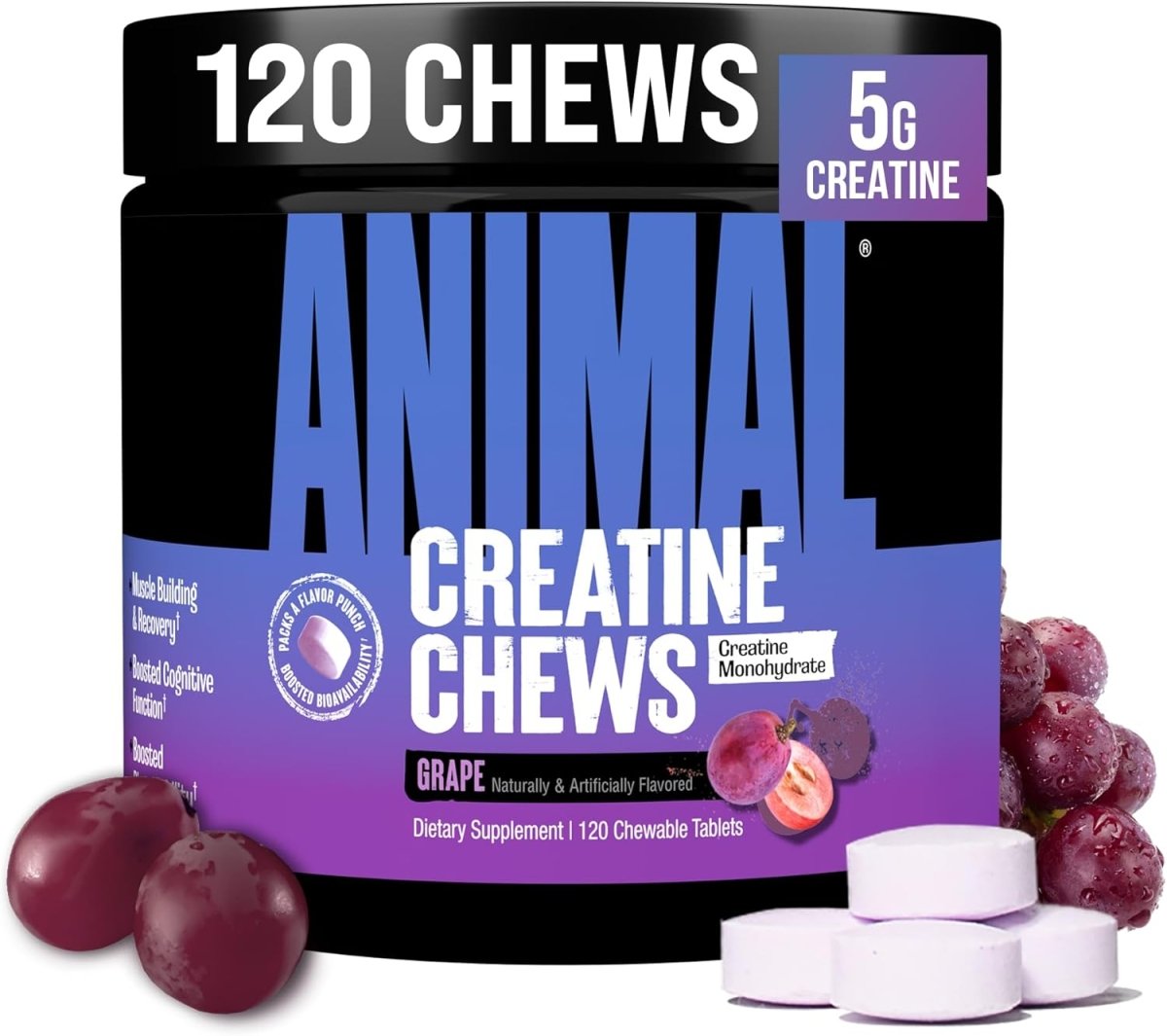 Universal Nutrition Animal Creatine Chews – Micronized Creatine for Strength, Recovery & Energy – Grape Flavor – 120 Chews - END General Trading