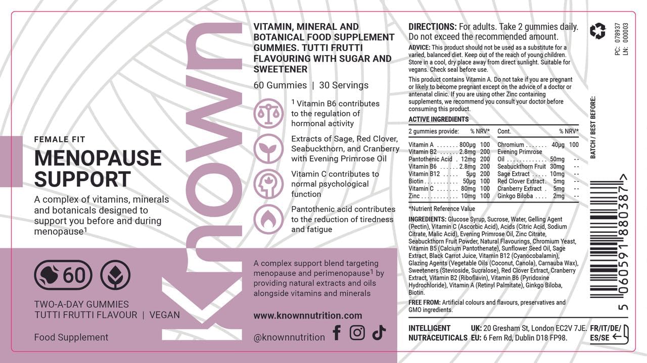 Known Menopause Support Gummies – Tutti Frutti Flavour, Vegan Multivitamin with Evening Primrose Oil, Sage, Red Clover & Vitamins – Perimenopause & Postmenopause, 1 Month Supply - END Nutrition