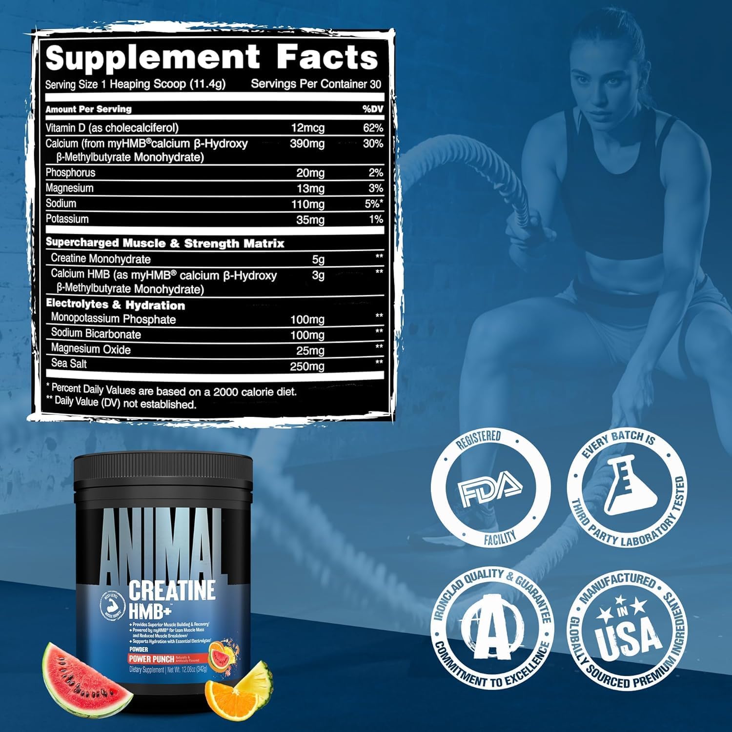 Universal Nutrition Animal Creatine HMB+ – Strength, Recovery & Power Formula – Power Punch Flavor – 342 g