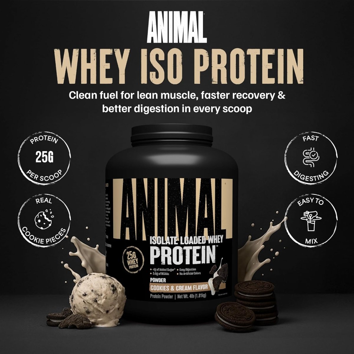 Universal Nutrition Animal Whey Isolate Protein Powder – Pre & Post Workout Muscle Builder – Digestive Enzymes – Cookies & Cream Flavor – 4 lbs - END General Trading