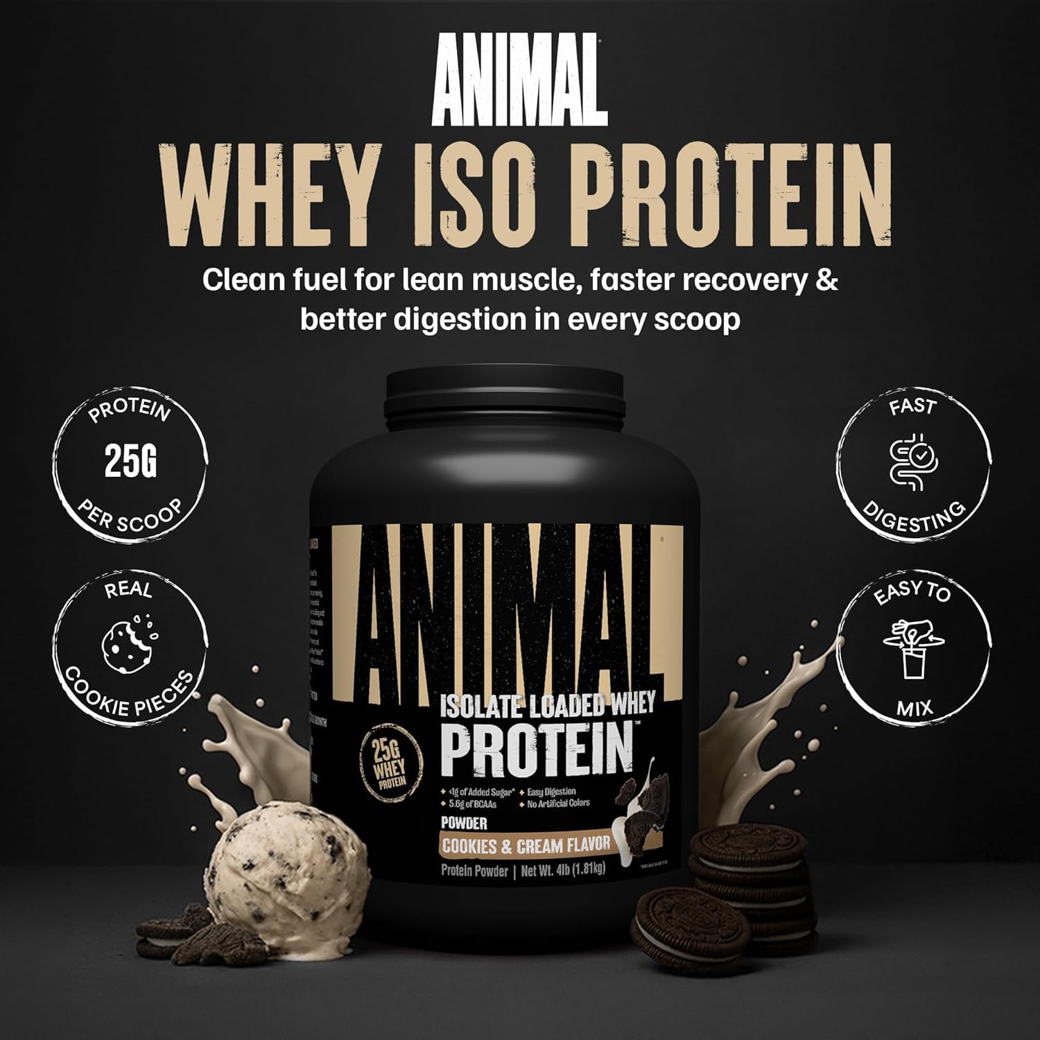 Universal Nutrition Animal Whey Isolate Protein Powder – Pre & Post Workout Muscle Builder – Digestive Enzymes – Cookies & Cream Flavor – 4 lbs