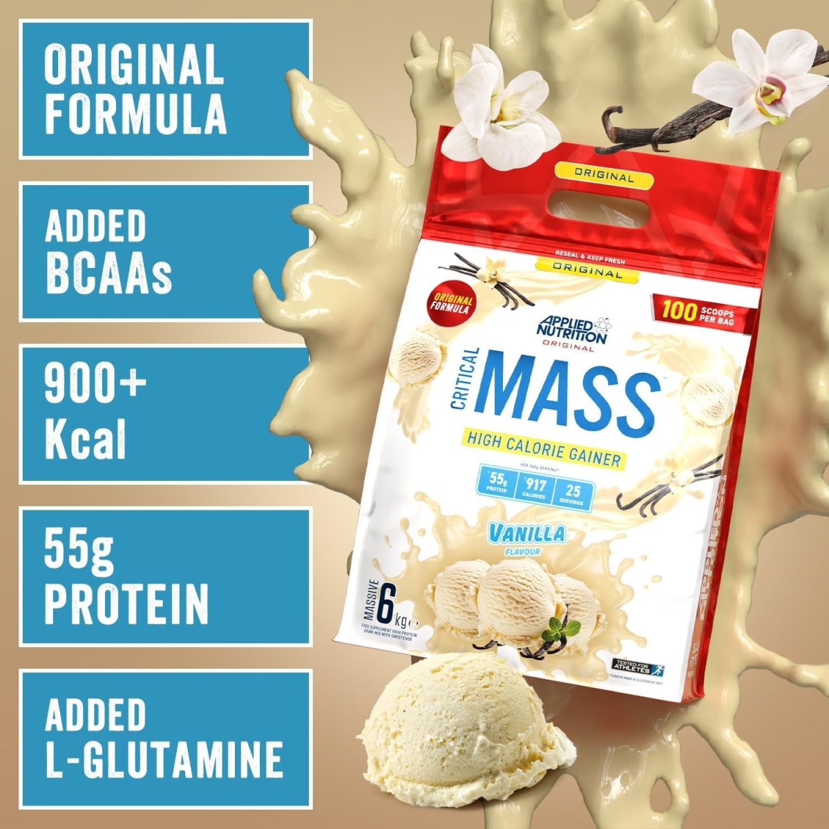 Applied Nutrition Original Critical Mass – Vanilla Flavour – 6 kg (25 Servings) – High‑Calorie Protein & Carb Mass Gainer with MCT Powder - endnutrition.com