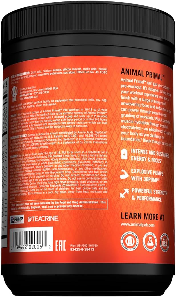 Animal Primal Pre‑Workout Loaded – Blood Orange Flavor – With Creatine, Beta‑Alanine, Citrulline & Caffeine – Explosive Energy, Strength & Endurance – 502.5 g