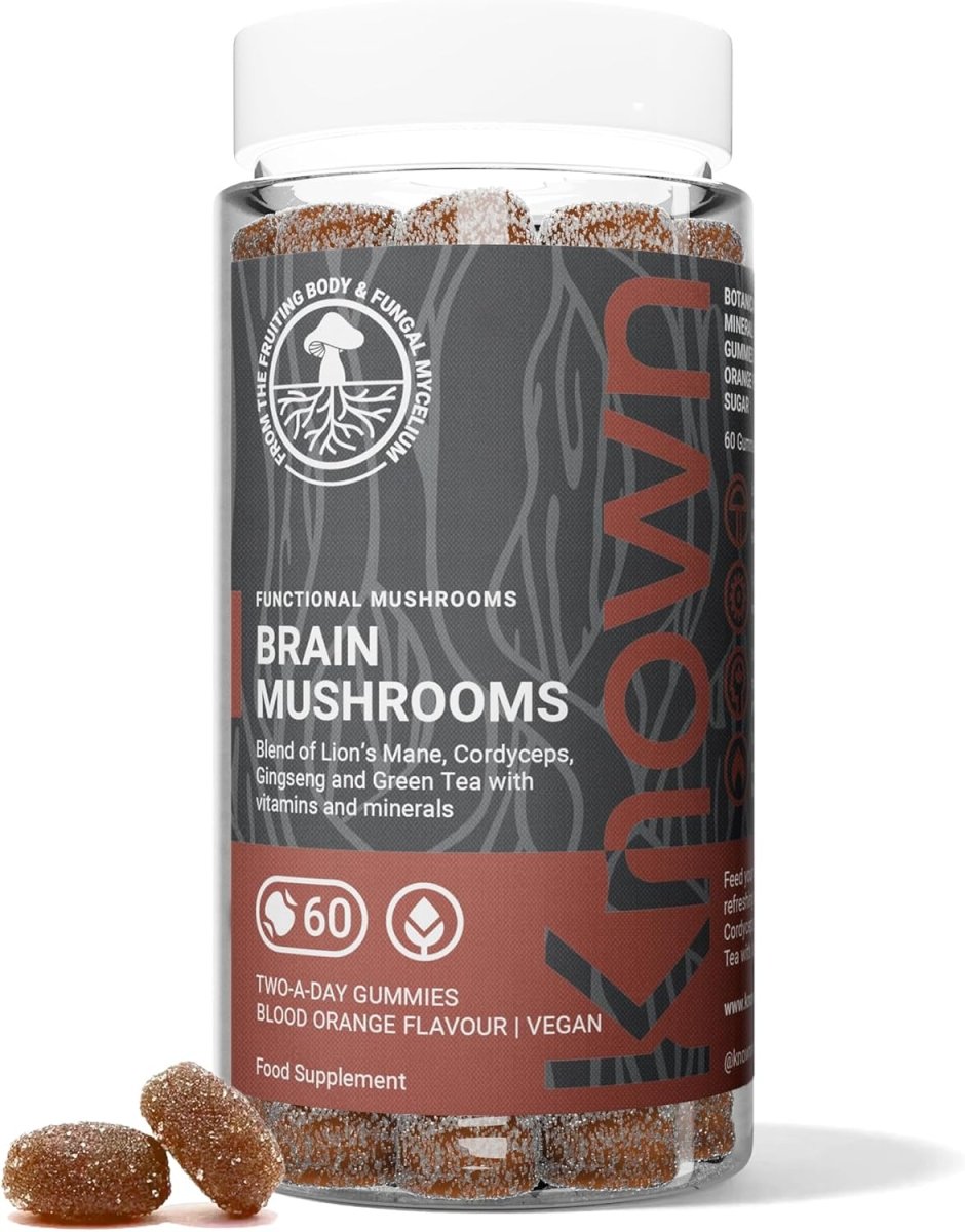 Known Tasty Brain Mushrooms Gummies – Lion’s Mane, Cordyceps, B Vitamins for Energy & Focus, Natural Orange Flavour – 60 Vegan Gummies, 1 Month Supply - END Nutrition