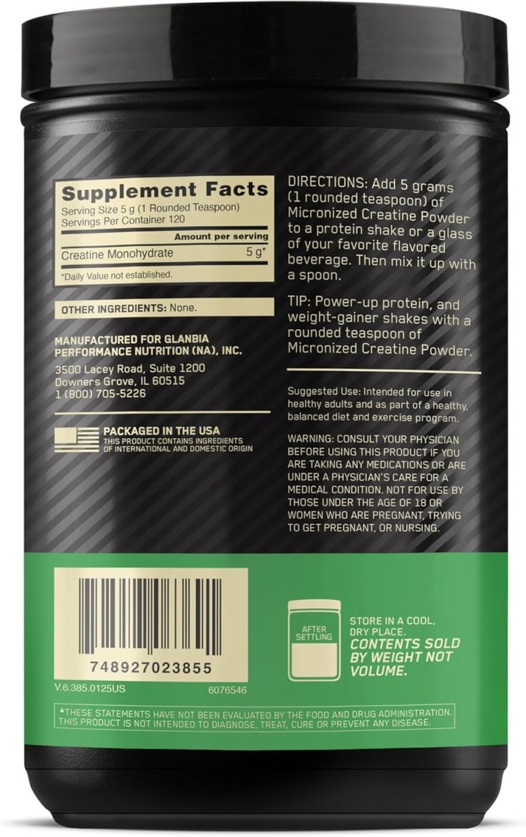 Optimum Nutrition Creatine Powder – Unflavored, 600g – 5g Micronized Creatine Monohydrate for Strength, Power & Recovery - Endnutrition.com