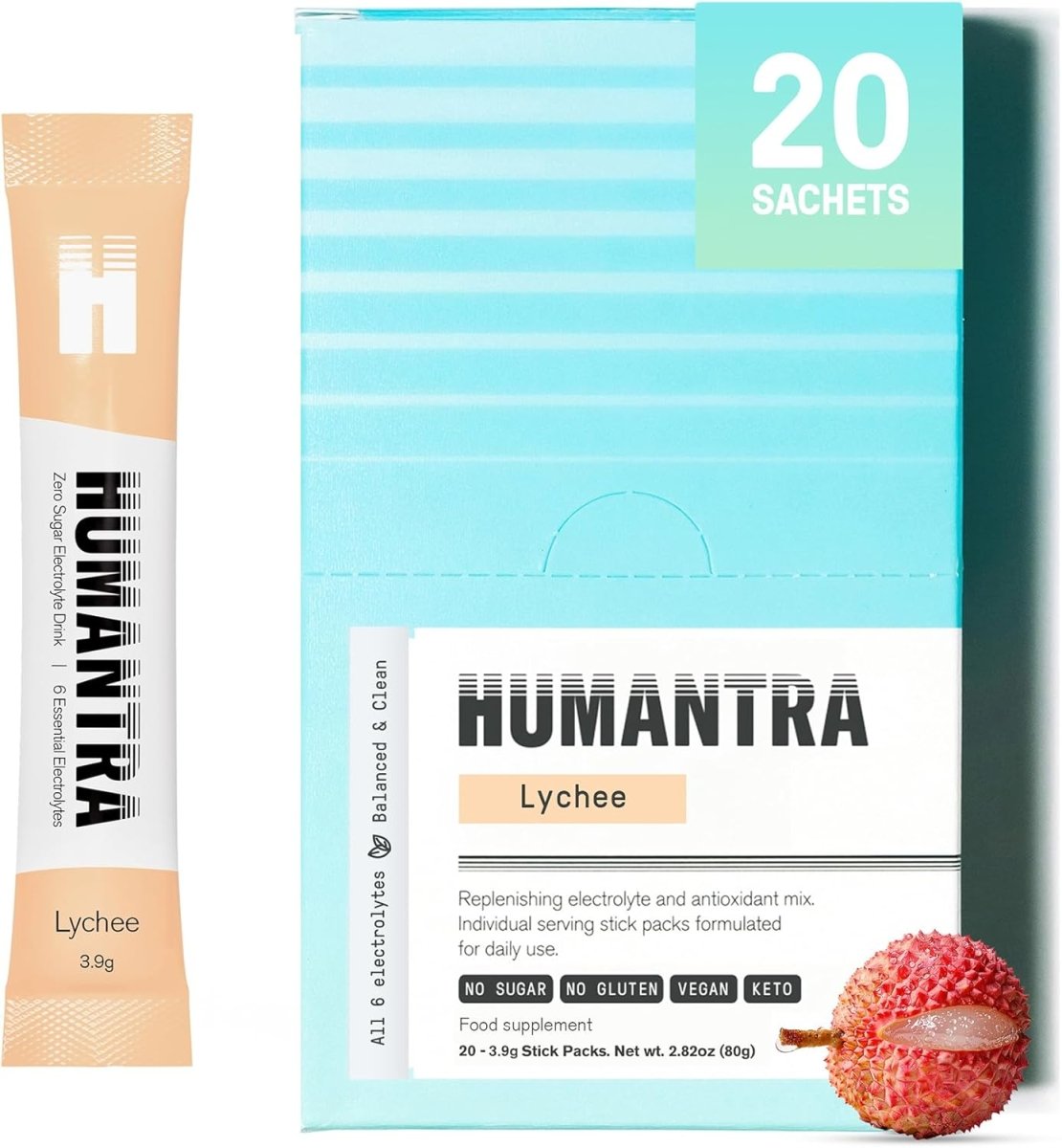 Humantra Electrolyte Powder – Lychee (20 Sachets) | 6-Electrolyte Hydration | Plant-Based, Vegan, Sugar Free & Gluten Free - END General Trading