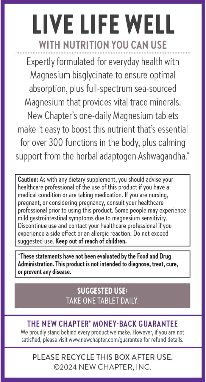 New Chapter Magnesium + Ashwagandha | Calm, Muscle & Heart Support-30 Tablets