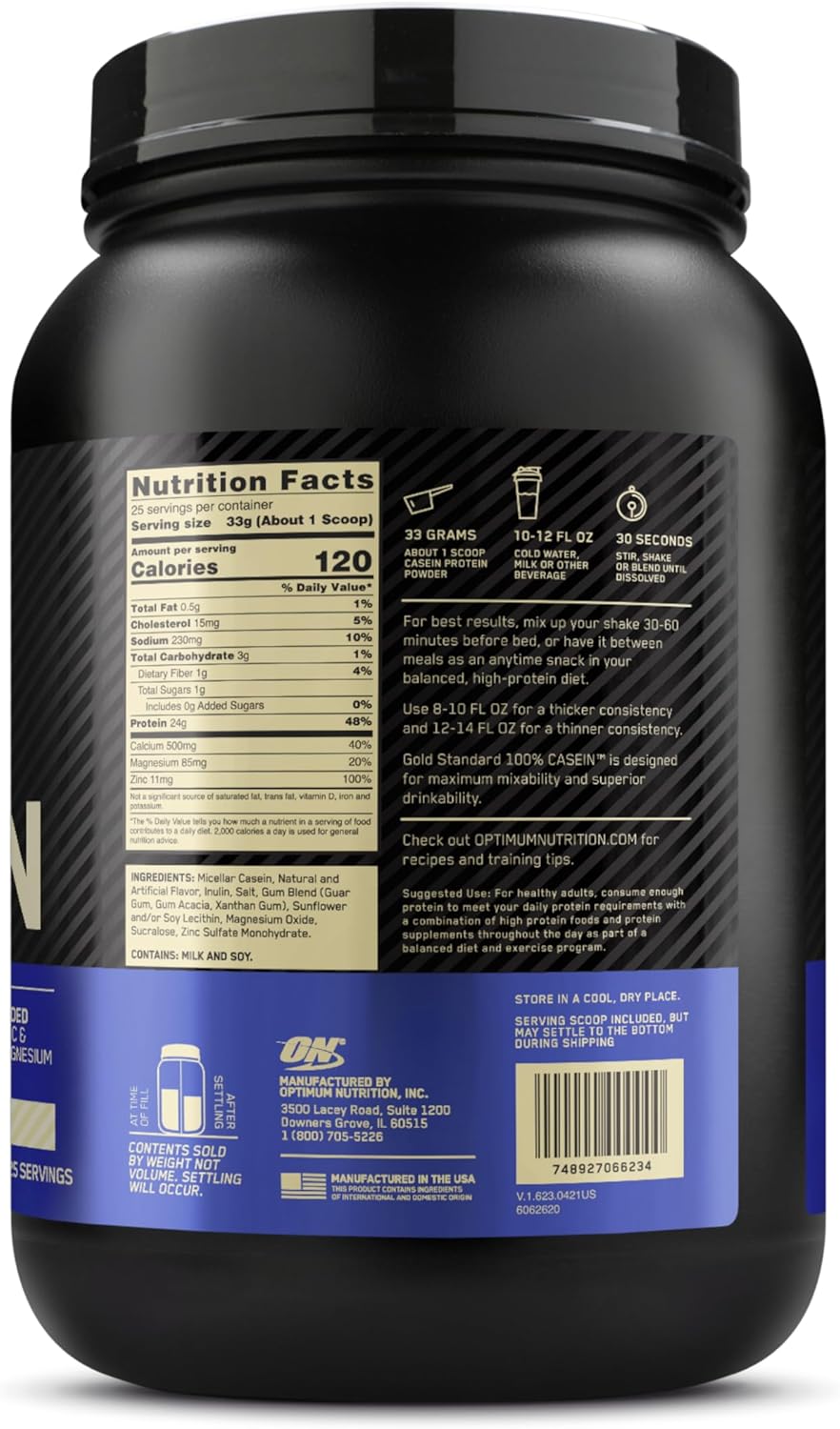 Optimum Nutrition Gold Standard 100% Casein Protein Powder – Creamy Vanilla, 1.81 Lbs