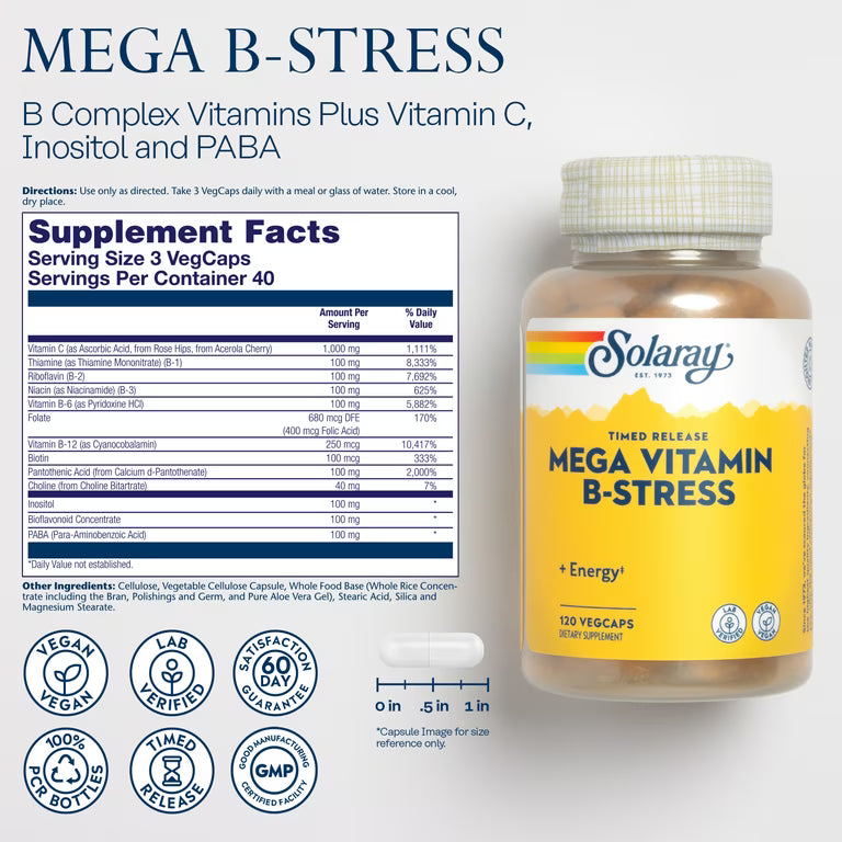 Solaray Mega Vitamin B‑Stress 100 mg – Timed Release Energy, Stress & Nerve Support – 120 Vegan Capsules