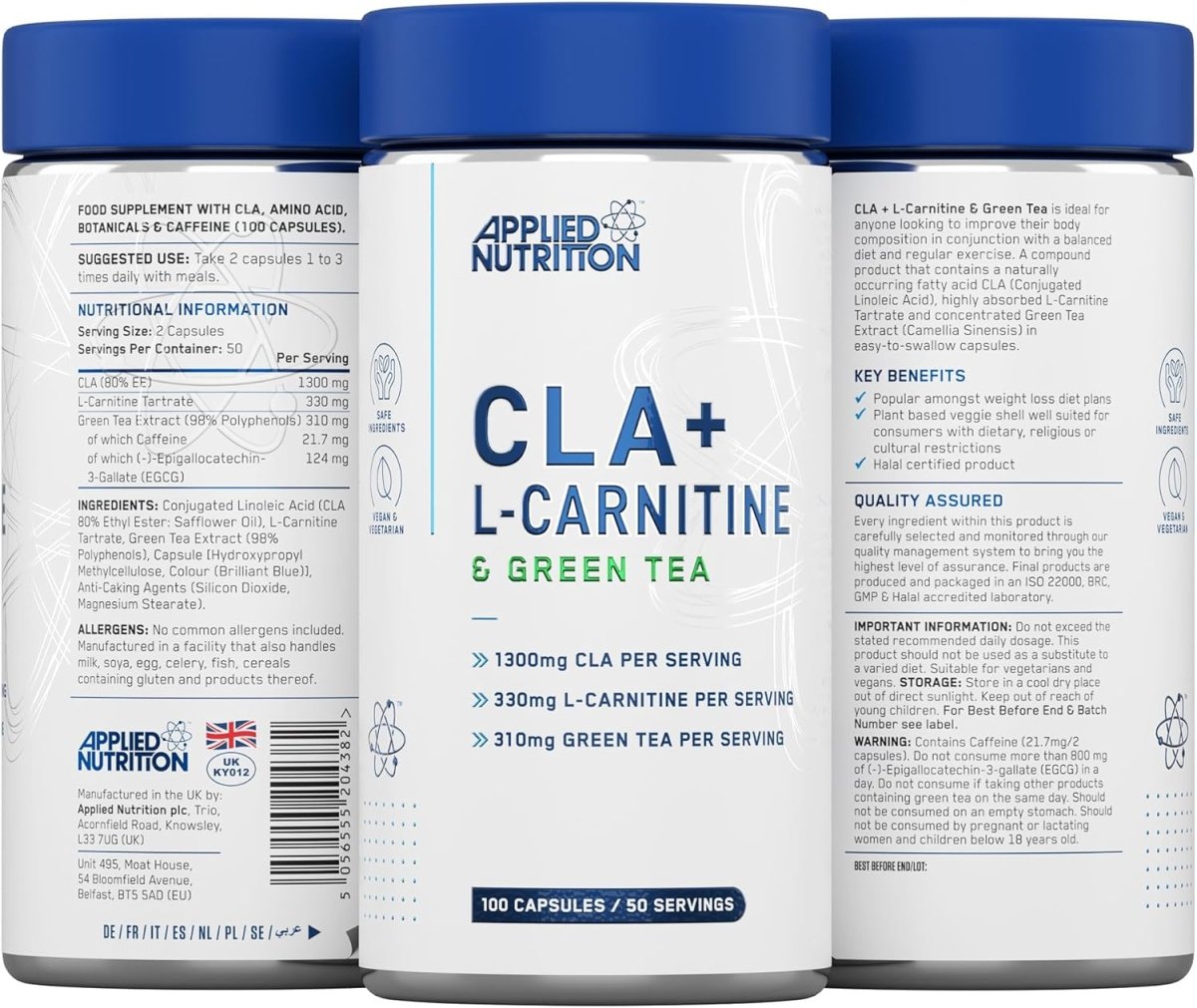 Applied Nutrition CLA + L‑Carnitine & Green Tea – 100 Capsules (50 Servings) – Fat Burner for Weight Loss, Energy & Metabolism Support - END Nutrition