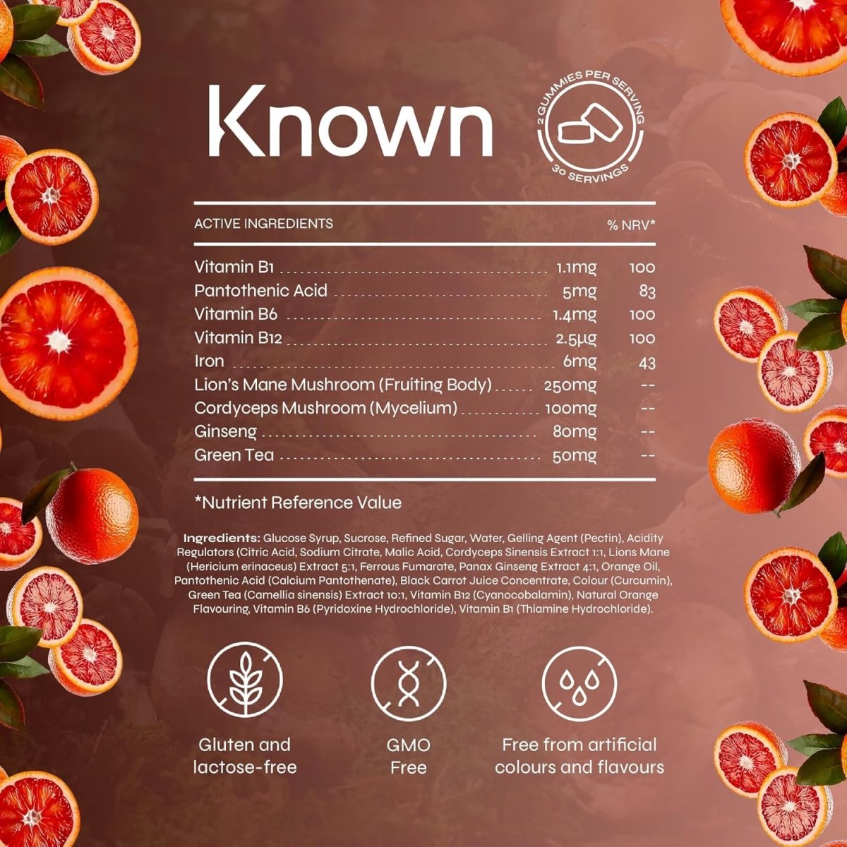 Known Tasty Brain Mushrooms Gummies – Lion’s Mane, Cordyceps, B Vitamins for Energy & Focus, Natural Orange Flavour – 60 Vegan Gummies, 1 Month Supply - END Nutrition