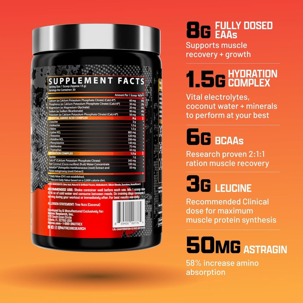 Nutrex Warrior EAA + Hydration – Blood Orange – Essential Amino Acids & Electrolytes – Muscle Recovery, Hydration & Performance – 390 g - END General Trading