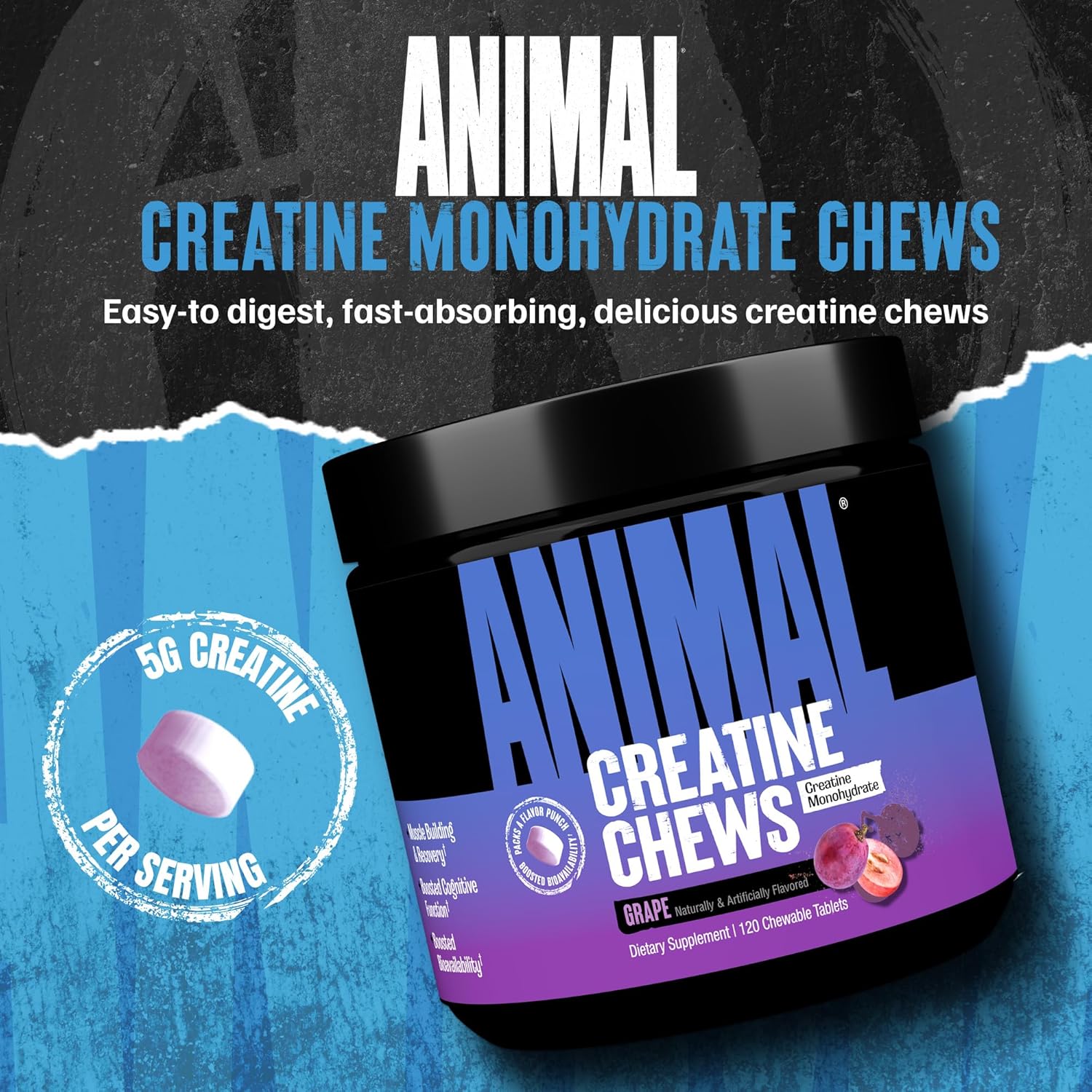 Universal Nutrition Animal Creatine Chews – Micronized Creatine for Strength, Recovery & Energy – Grape Flavor – 120 Chews