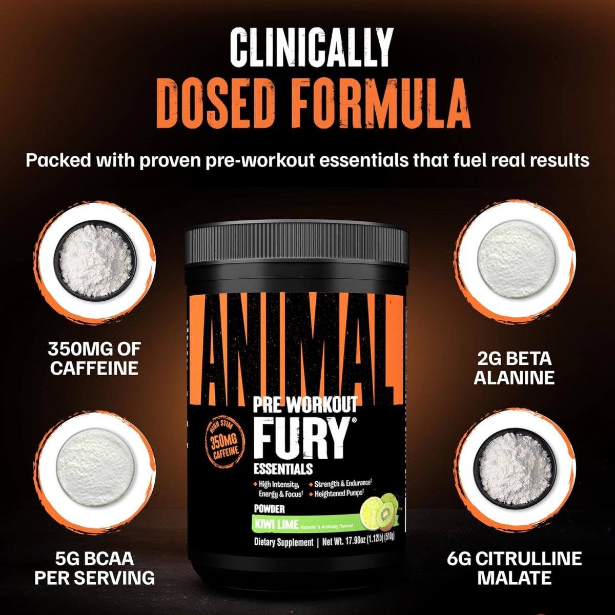 Universal Nutrition Animal Fury – Pre‑Workout Energy & Strength Formula – Citrulline, Beta‑Alanine, Caffeine – Kiwi Lime Powder – 510 g - END General Trading