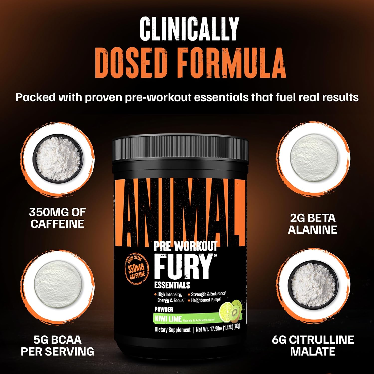 Universal Nutrition Animal Fury – Pre‑Workout Energy & Strength Formula – Citrulline, Beta‑Alanine, Caffeine – Kiwi Lime Powder – 510 g