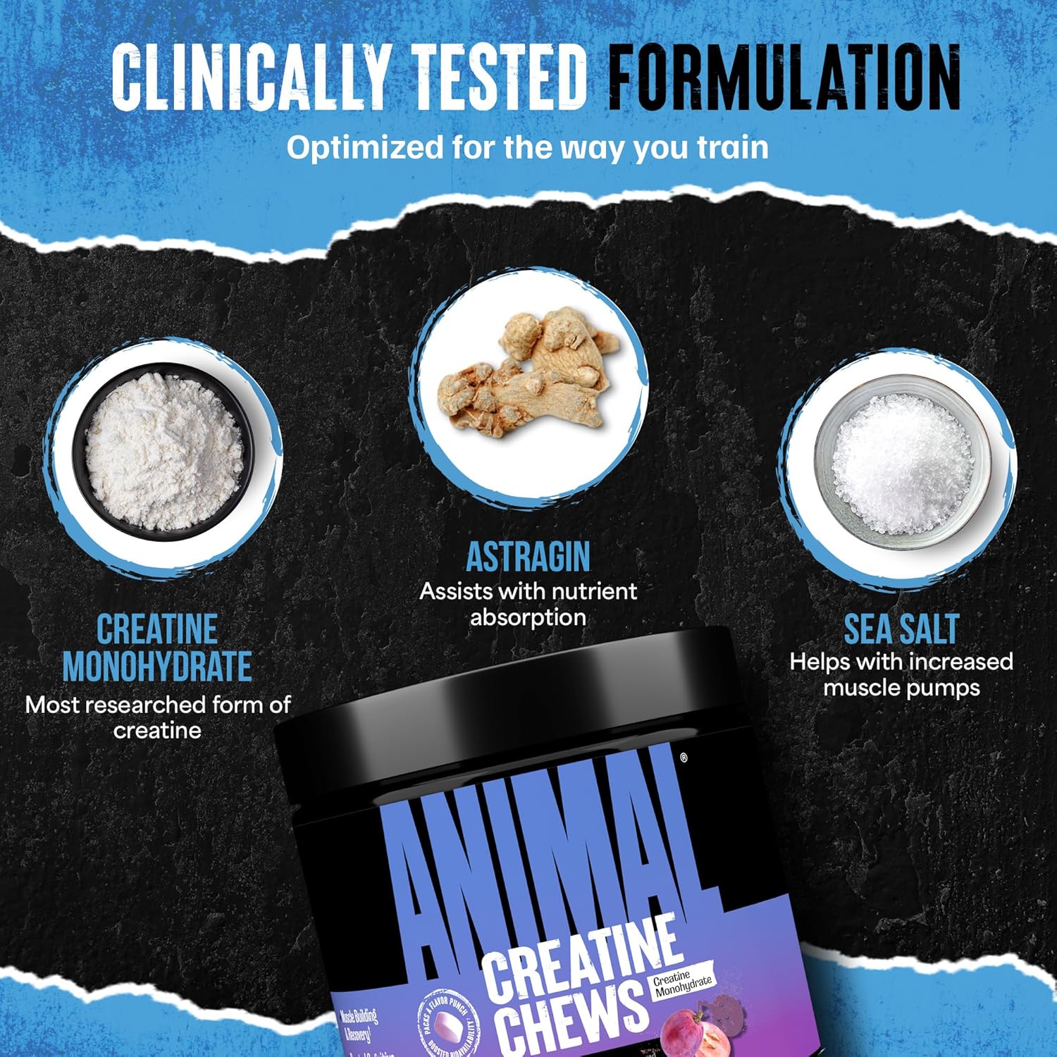 Universal Nutrition Animal Creatine Chews – Micronized Creatine for Strength, Recovery & Energy – Grape Flavor – 120 Chews