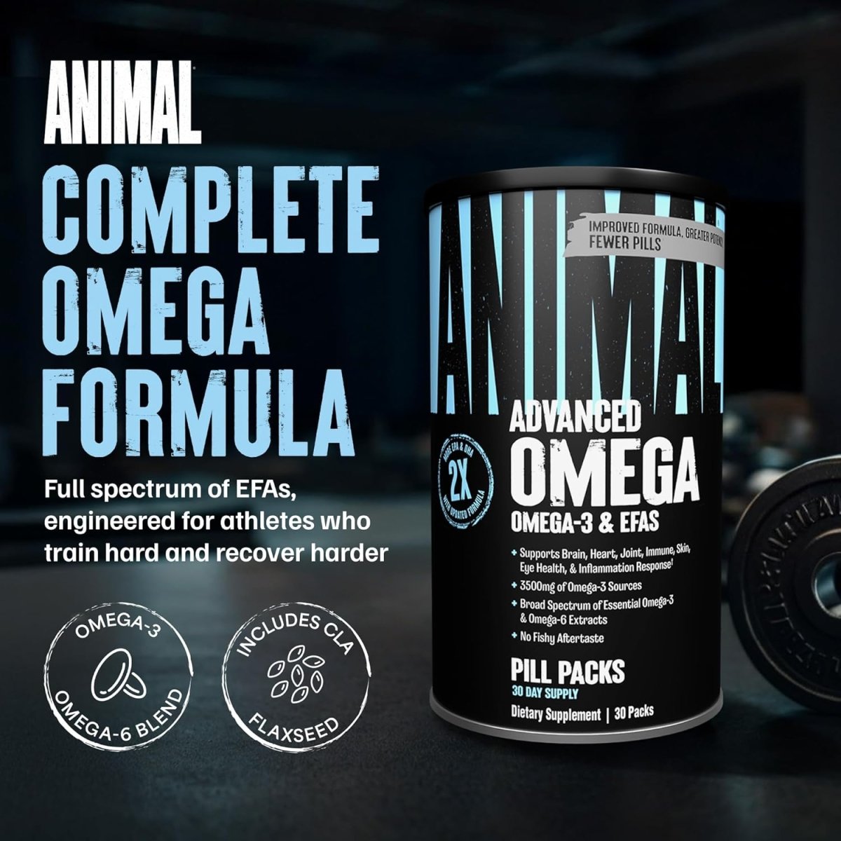 Universal Nutrition Animal Advanced Omega 3 – 3500 mg EPA & DHA Fish Oil + CLA, GLA, ALA – Brain, Skin, Eye, Immune & Joint Support – 30 Pill Packs - endnutrition.com