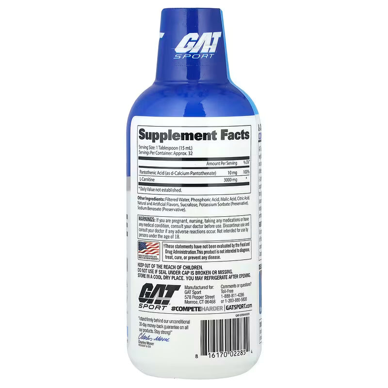 GAT Liquid L - Carnitine 3000 Blue Raspberry Fat Burner Liquid Energy & Endurance Support - END Nutrition